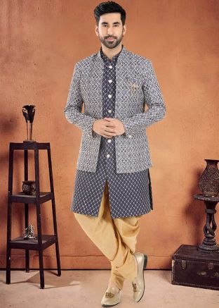 Blue Readymade Mens Dhoti With Sherwani With Jacket