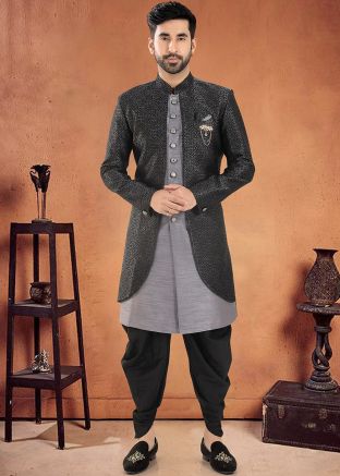 Grey Readymade Mens Sherwani With Dhoti In Woven Work