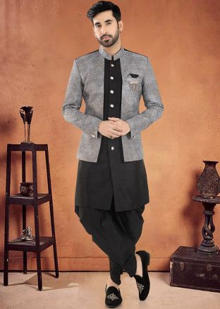 Black Readymade Mens Embroidered Jacket Style Sherwani