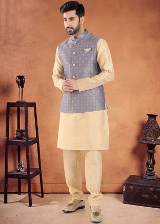 Golden Readymade Mens Kurta Pajama With Nehru Jacket