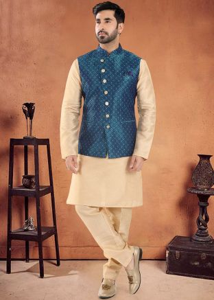 Readymade Golden Mens Kurta Pajama With Nehru Jacket 