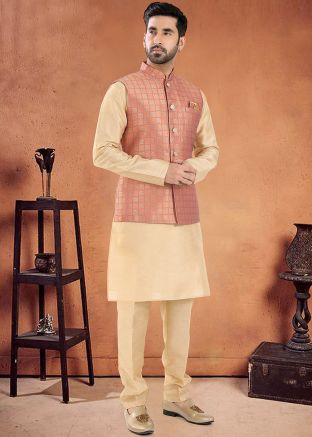 Golden Readymade Nehru Jacket With Kurta Pajama In Art Silk