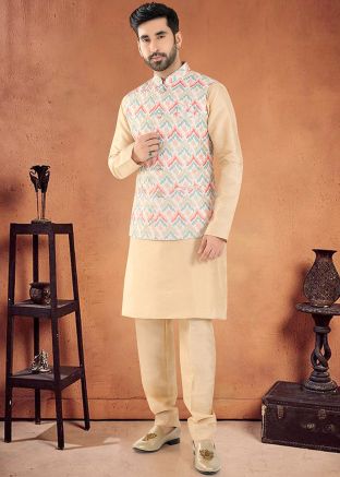 Golden Readymade Nehru Jacket With Kurta Pajama In Art Silk