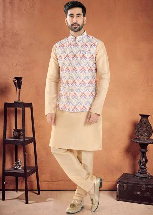 Golden Readymade Art Silk Nehru Jacket With Kurta Pajama
