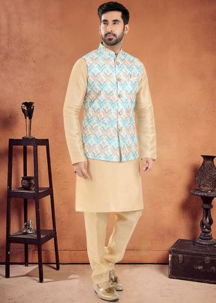 Readymade Golden Mens Nehru Jacket With Kurta Pajama