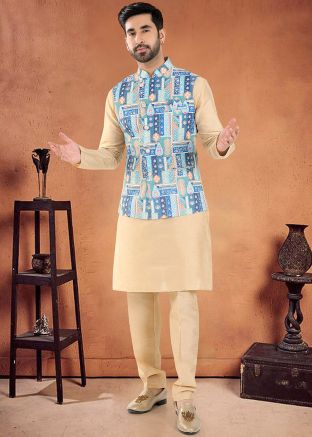 Golden Readymade Nehru Jacket With Kurta Pajama In Art Silk