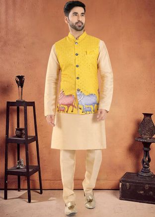 Golden Readymade Nehru Jacket With Kurta Pajama In Print