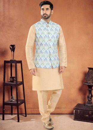 Golden Readymade Kurta Pajama With Nehru Jacket In Art silk