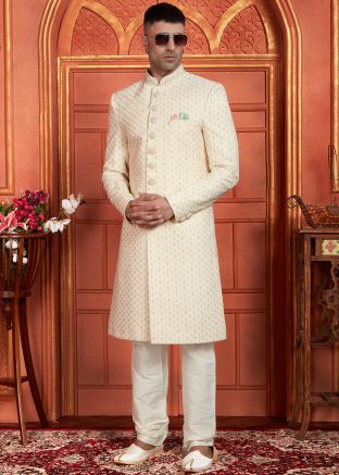 Cream Readymade Mens Sherwani In Art Silk