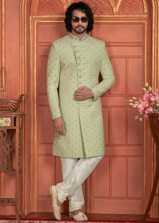 Green Readymade Embroidered Mens Indowestern Sherwani