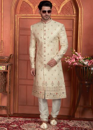 Cream Readymade Mens Art Silk Sherwani In Embroidery