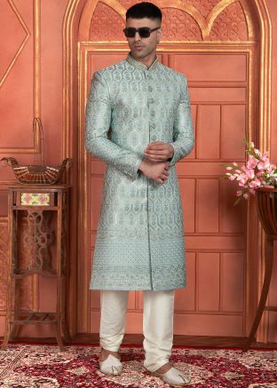 Blue Readymade Mens Embroidered Sherwani In Art Silk