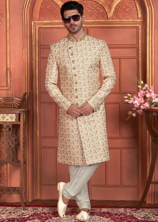 Beige Readymade Embroidered Mens Indowestern Sherwani 