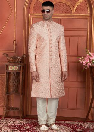 Peach Readymade Mens Embroidered Sherwani In Art Silk