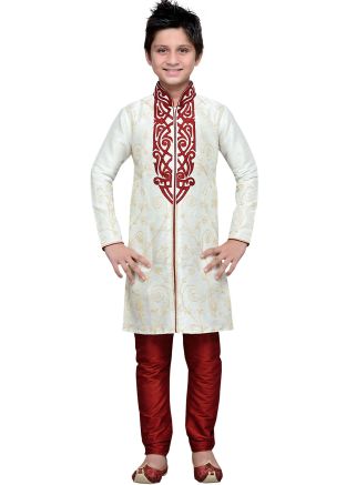 Readymade Off White Art Silk Kids Kurta Pajama