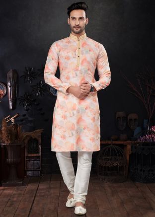 Orange Printed Readymade Mens Kurta Pajama In Cotton