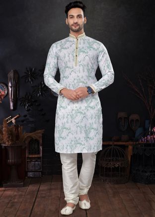 White Cotton Mens Readymade Kurta Pajama In Print