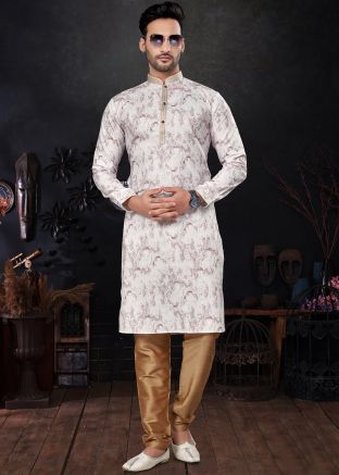 Off White Printed Readymade Mens Kurta Pajama In Cotton