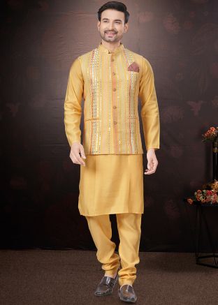Yellow Kurta Pajama With Embroidered Nehru Jacket
