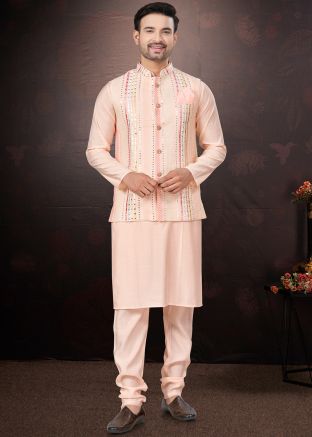 Pink Kurta Pajama With Embellished Nehru Jacket