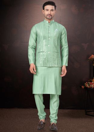 Green Kurta Pajama With Embellished Nehru Jacket