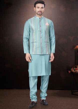 Blue Kurta Pajama With Embellished Nehru Jacket