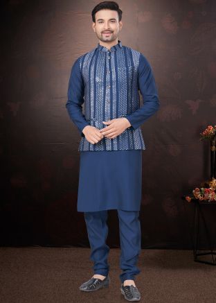 Navy Blue Kurta Pajama With Embellished Nehru Jacket