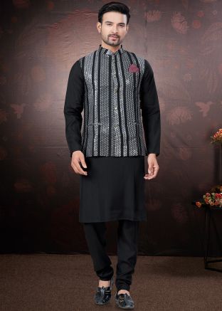 Black Men Kurta Pajama With Embellished Nehru Jacket