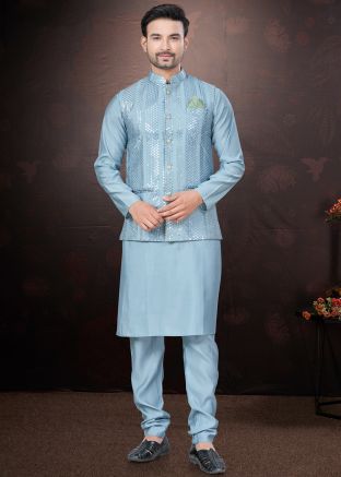Blue Men Kurta Pajama With Embellished Nehru Jacket