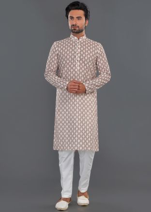 Off White & Maroon Kurta Pajama In Print