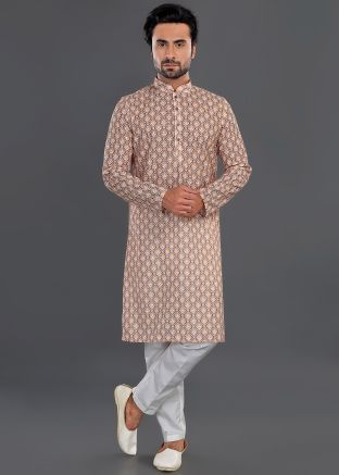 White & Orange Printed Kurta Pajama Set