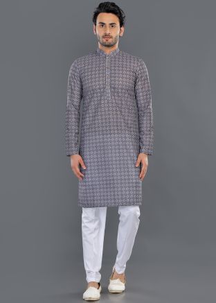 Grey Readymade Printed Kurta Pajama Set