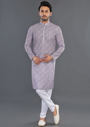 Purple Printed Men Kurta Pajama Set