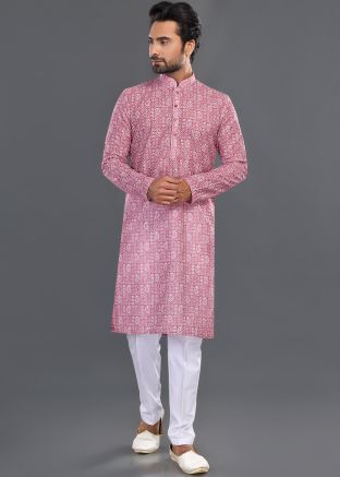 Readymade Pink Printed Men Kurta Pajama Set