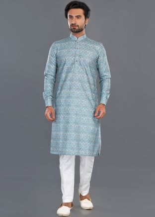 Green Printed Men Kurta Pajama Set