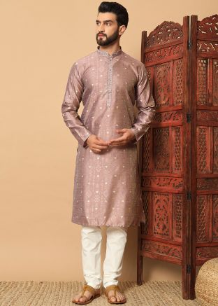 Pink Woven Mens Kurta Pajama In Art Silk