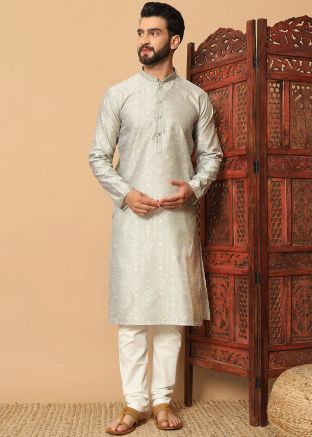 Grey Woven Mens Kurta Pajama In Art Silk