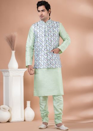 Green Men Kurta Pajama With Printed Jacket