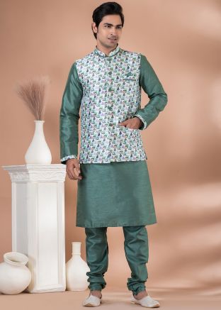 Green Men Kurta Pajama With Printed Nehru Jacket