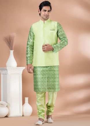 Green Printed Kurta Pajama With Nehru Jacket