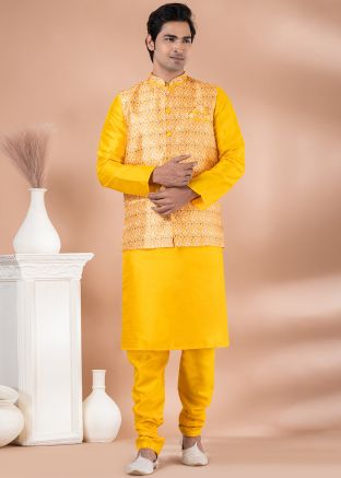 Yellow Printed Kurta Pajama & Nehru Jacket