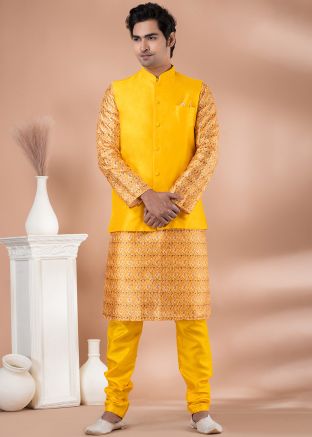 Mustard Yellow Kurta Pajama & Printed Nehru Jacket