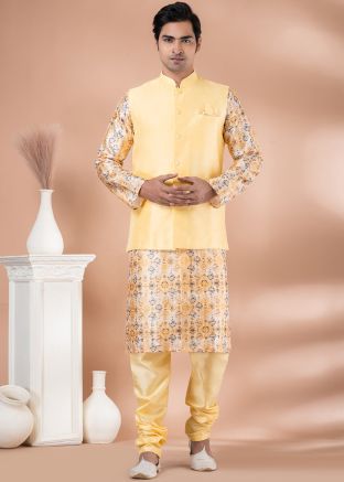 Cream Printed Silk Kurta Pajama With Jacket