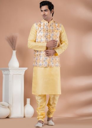 Yellow Kurta Pajama With Printed Nehru Jacket