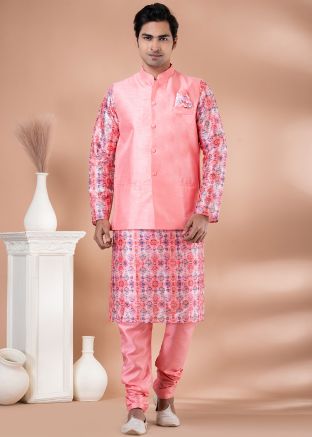 Readymade Pink Printed Kurta Pajama With Jacket