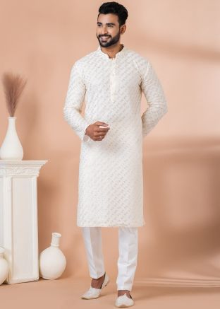 Off White Embroidered Men Kurta Pajama