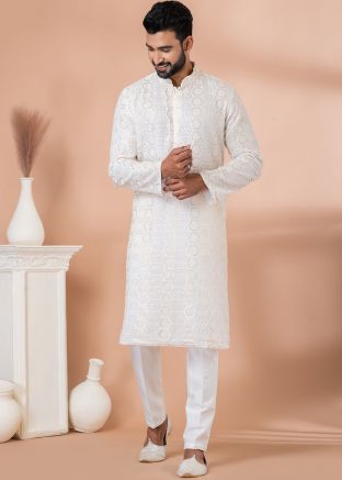Off White Sequins Embroidered Men Kurta Pajama