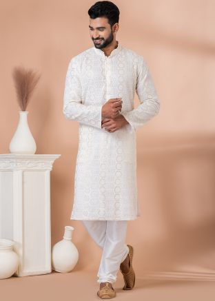 Off White Embroidered Men Kurta Pajama