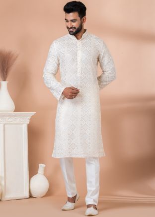 Off White Sequins Embroidered Men Kurta Pajama