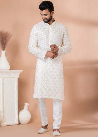 Off White Embroidered Men Kurta Pajama